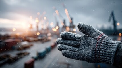 Gloved Hand Reaching in Snowy Industrial Port with Cranes and Bokeh Lights