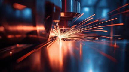 CNC laser cutting machine working with sheet metal with orange sparks at factory