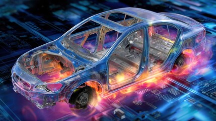 Futuristic Transparent Car Model with Circuitry and Digital Effects in a High-Tech Environment