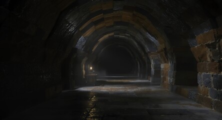 Obraz premium Dark stone corridor, mysterious tunnel, ancient architecture, single light source, arched ceiling, medieval hallway, dimly lit passage, stone walls, floor texture, low light photography, fantasy