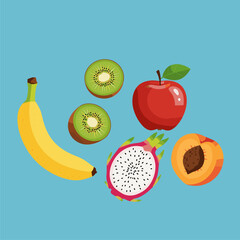 Vibrant Tropical Fruit Collection: Banana, Apple, Kiwi, Dragon Fruit, and Apricot