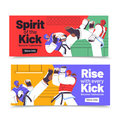 Hand Drawn Flat Horizontal Banner Collection of Taekwondo Athletes
