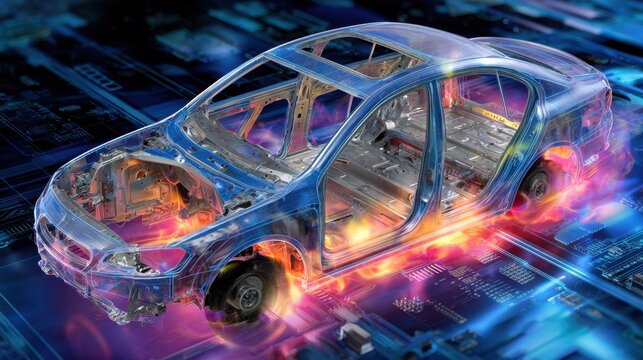 Futuristic Transparent Car Model with Circuitry and Digital Effects in a High-Tech Environment
