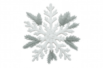 White snowflake ornament with frosty fir branches displaying winter holiday and christmas decoration theme