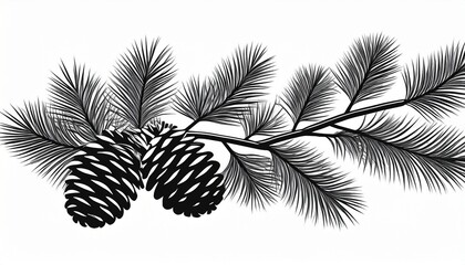 a monochrome silhouette of pine tree branch with needles and a pine cone hanging from the branch below