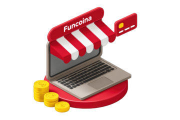 Laptop-shaped storefront with awning, credit card, and coins