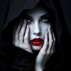 Woman wearing a black hood holding her face in red lipstick..