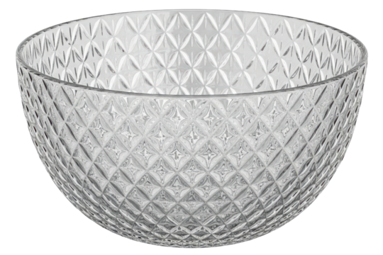 Elegant clear glass serving bowl with a faceted diamond pattern isolated on a transparent background