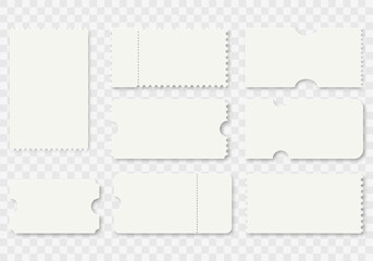 Set of blank perforated ticket templates on transparent background