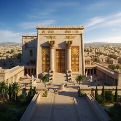 Fototapeta premium A grand, ornate temple complex, meticulously detailed, showcasing a golden entrance and surrounding city, bathed in the warm, bright light of a sunny day.