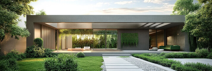 exterior facade of modern house, 3d artwork, design, architecture, green furniture, garden