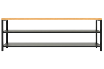 Industrial shoe rack with wood top and two black metal shelves isolated on a transparent background