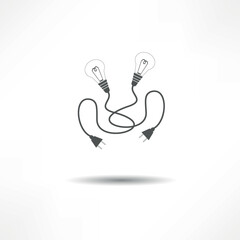 Two light bulbs connected by a twisted cord on a plain background, symbolizing energy and innovation in design