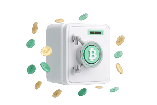 3D white safe with Bitcoin symbol, surrounded by coins