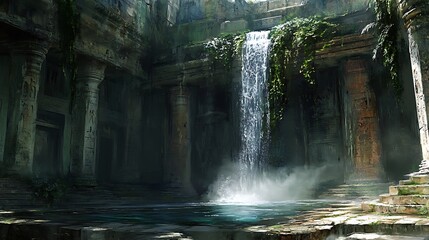 Enchanting waterfall cascading into a serene pool within ancient temple ruins, bathed in sunlight and surrounded by lush greenery and stone pillars