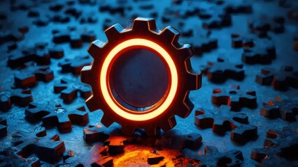 青い背景に照らされたオレンジ色の歯車