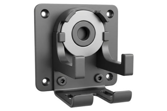 Black wall mount bracket with a quick-release locking mechanism isolated on a transparent background