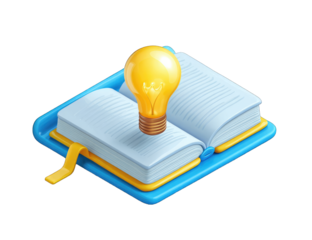 Open book with lightbulb, knowledge, and idea