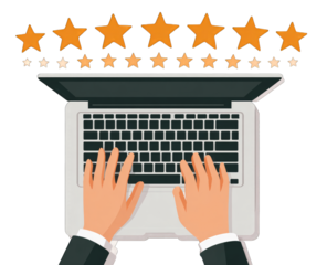 Hands typing on a laptop with five-star reviews above