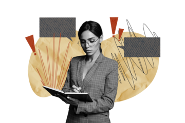 Composite collage artwork image picture of girl notebook pen dialogue mind bubble isolated on creative background