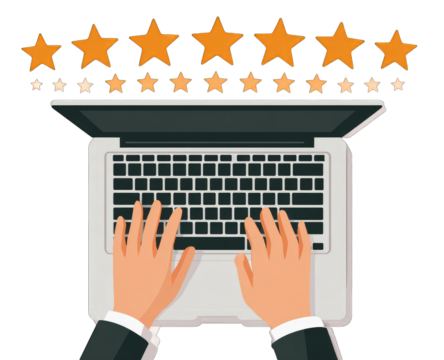 Hands typing on a laptop with five-star reviews above