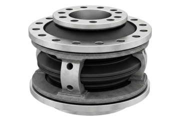 Industrial pipe expansion joint with rubber bellow and metal flanges isolated on a transparent background