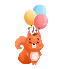 Funny happy cute squirrel with balloons on a white background. Birthday concept, congratulations. Cartoon children's vector illustration for the design of postcard, card, invitation, clothe, sticker