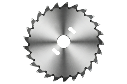 Metal circular saw blade with sharp teeth for cutting wood isolated on a transparent background