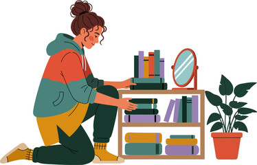 Illustration of a young woman kneeling while arranging books on a shelf next to a plant, mirror, and warm home decor. Young woman organizing books on a wooden shelf in a home setting.