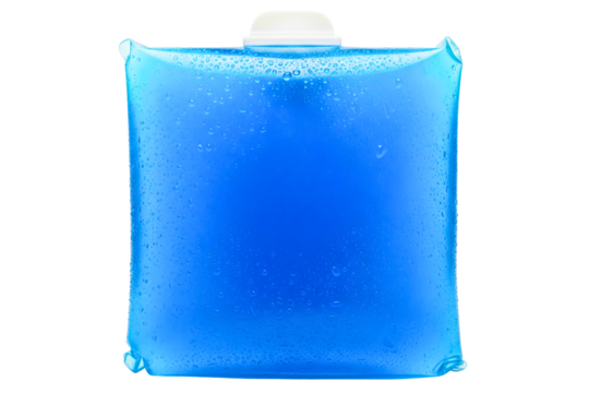 Reusable cold gel ice pack with blue liquid and condensation isolated on a transparent background