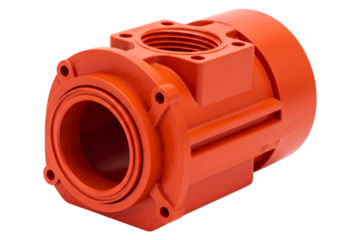 Orange plastic industrial pump housing with threaded connections isolated on a transparent background