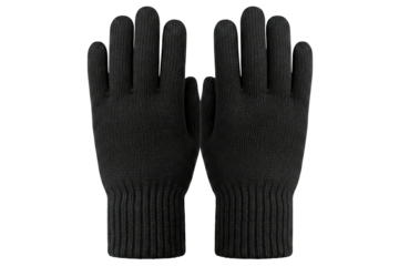 Pair of warm black knitted winter gloves with ribbed cuffs isolated on a transparent background