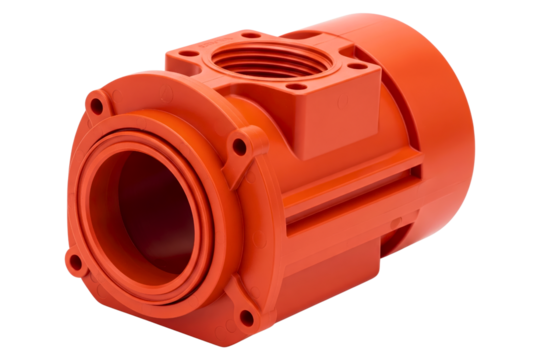 Orange plastic industrial pump housing with threaded connections isolated on a transparent background