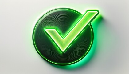 glowing neon green check mark sign against a white background suitable for highlighting success completion or approval