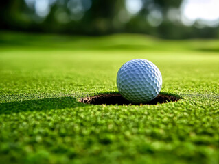 Golf ball on the green. golf ball on lip of cup