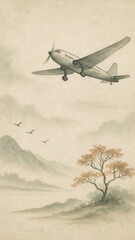 Vintage airplane landscape illustration.