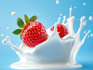 Milk Splash With Strawberry On Blue Background