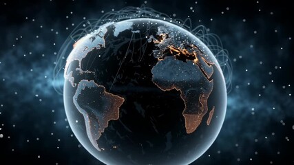 Futuristic digital globe of Earth with glowing data points network connections on a dark background - Powered by Adobe