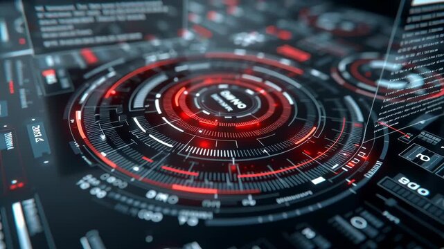 Futuristic Engine Motion graphic of Blue color and red screen searching an object with futuristic head up display (HUD UI) technology interface screen and chat panel abstract background