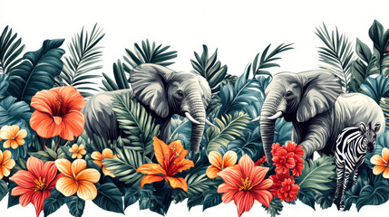 seamless pattern with safari animals and palm trees