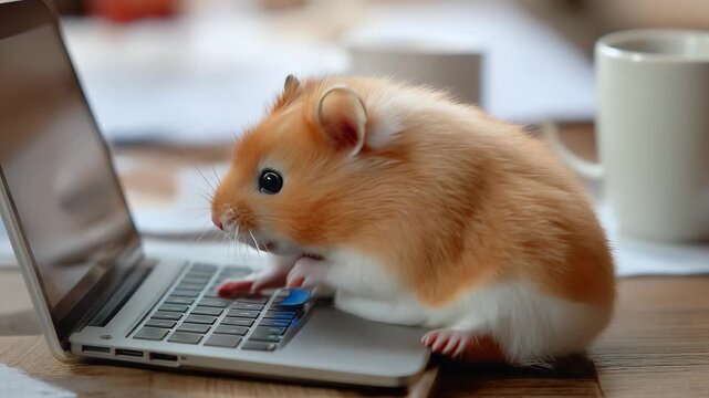 Curious golden hamster interrupting workspace, perched on wooden desk near laptop, gently touching keyboard with tiny paw. Soft focus photography capturing unexpected workplace moment.