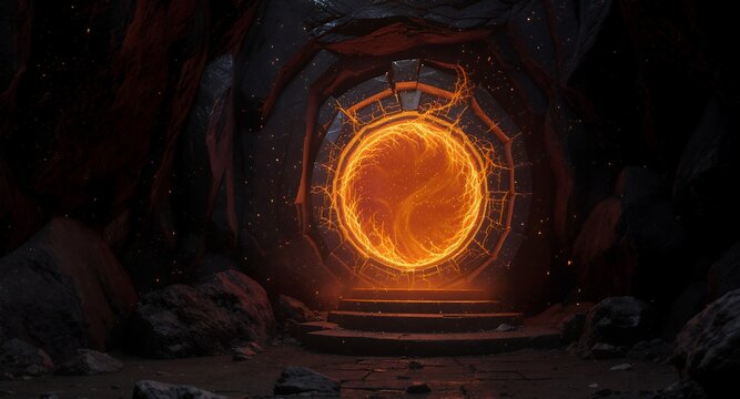 Fantasy portal, fiery gateway, mystical entrance, dark cave, stone archway, glowing energy, inferno, fire portal, magical door, otherworldly, surreal, 3D render, digital art, game asset, abstract