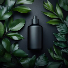 Black serum bottles and monstera palm leaves on black background