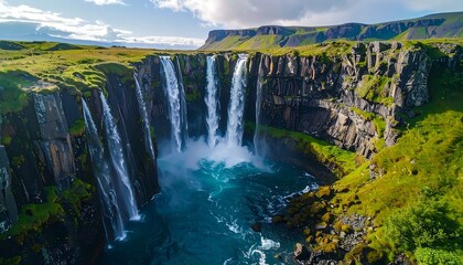 A stunning aerial view showcases a powerful waterfall cascading into a turquoise pool, flanked by cliffs and lush green hills