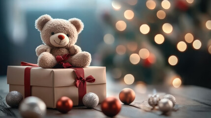 A cozy Christmas scene featuring a teddy bear atop a beautifully wrapped gift, surrounded by festive decorations and soft bokeh lights.