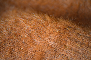 Macro Closeup of Brown Fabric Surface. Closeup macro photo of brown fabric surface with visible texture, fibers, and subtle folds. Ideal textile background.