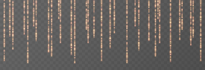 Glowing falling garlands png. Bright Christmas golden lights. Christmas decoration for holiday design.