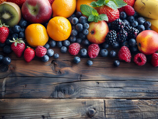 A vibrant array of fresh fruits arranged beautifully, showcasing colors and textures, ideal for health and food themes.