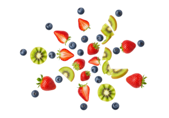 Dynamic Fresh Fruit Star Pattern with Strawberries, Blueberries, and Kiwi on White