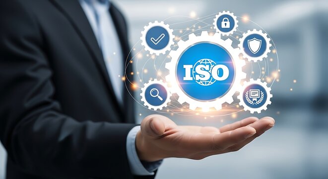 A businessman holds his hand out with an iso icon surrounded by security, lock, checkmark, document, and magnifying glass icons floating above it